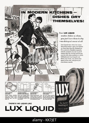 An advert for Lux washing up liquid. It appeared in a magazine published in the UK in 1959 and features an illustration of a family scene in their kitchen