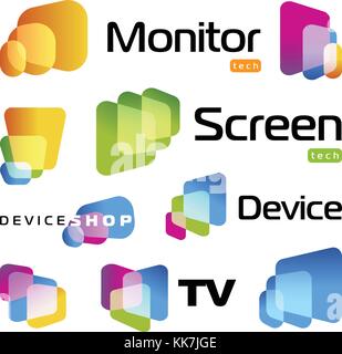 Isolated unusual rectangles with rounded corners intersecting each other.Digital smart TV monitor technology logo. Screen new technology, high resolutions cinema, colorful icons set Stock Vector