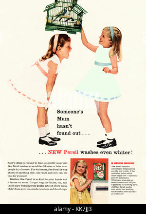 An advert for Persil laundry detergent - it appeared in a magazine published in the UK in 1959. The advert shows two girls with white dresses blending in with the backgound of the advert plus the slogan 'Persil washes even whiter' Stock Photo