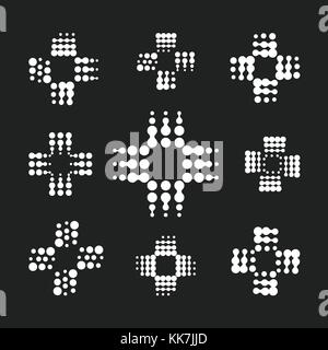 Abstract medical symbol, collection of white crosses from circles on a black background. Pharmacy logo templates. Stock Vector