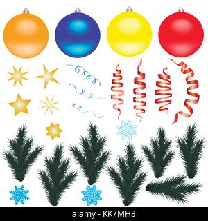 Set of isolated decorative winter objects - Christmas decorations, red ribbons, streamers, snowflakes, stars, Christmas trees on a white background Stock Vector