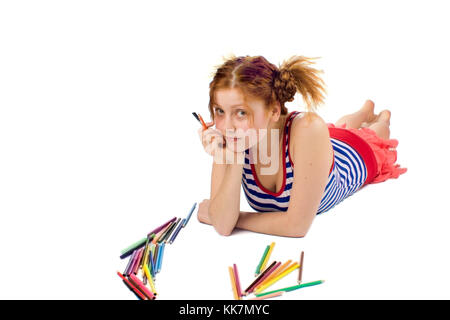 Funny artist going to draw something on absolutely white floor Stock Photo