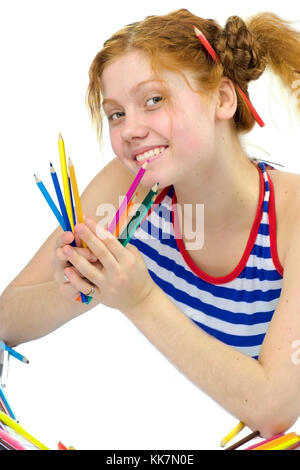 Funny artist going to draw something on absolutely white floor Stock Photo