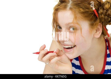 Funny artist going to draw something isolated on white Stock Photo