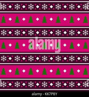 Festive pink, white and purple seamless  striped background  with snowflakes and green christmas trees print. Vector illustration, template, pattern f Stock Photo