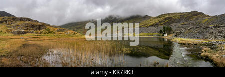 Panoramic view of Llyn Cwmorthin and the old quarry remains, Tanygrisiau, North Wales. Stock Photo