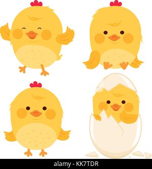 Chicks hatching from egg, yellow newborn baby birds. Little chicken birds. Cute cartoon domestic farm bird characters. Vector illustration set Stock Vector