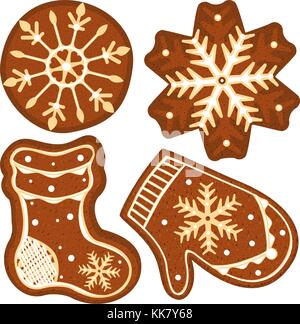 Gingerbread sock, glove and snowflakes colorful bright poster. Stock Vector
