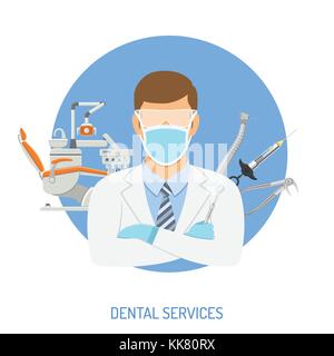 Dental Clinic Concept with flat icons dentist chair, dentist doctor, forceps, cartridge syringe and dental tools. isolated vector illustration Stock Vector