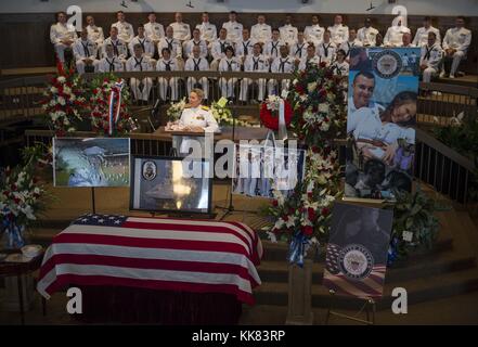 Vice Admiral Robin Braun, commander of Navy Reserve Force, speaks during the funeral service for Logistics Specialist 2nd Class Randall Smith, Chattanooga, Tennessee. Image courtesy Mass Communication Specialist 2nd Class Justin Wolpert/US Navy, 2015. Stock Photo