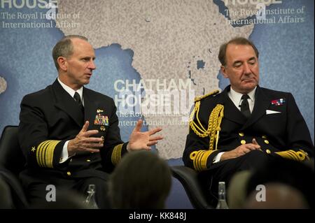 Chief of Naval Operations CNO Admiral Jonathan Greenert and First Sea Lord of the Royal Navy Admiral Sir George Zambellas participate in a moderated talk focused on the future of the British-American naval alliance at Chatham House, the Royal Institute of International Affairs, London. Image courtesy Mass Communication Specialist 1st Class Nathan Laird/US Navy, United Kingdom, 2015. Stock Photo