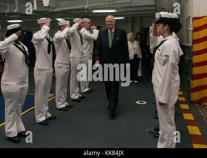 US Supreme Court Justice Anthony Kennedy is piped aboard the aircraft carrier USS John C Stennis CVN 74 for a tour of the ship, San Diego, California. Image courtesy Mass Communication Specialist 3rd Class Andre T. Richard/US Navy, 2015. Stock Photo