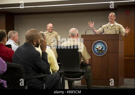 Chief of Naval Operations CNO Admiral Jonathan Greenert delivers remarks during an award ceremony at Navy Strategic Systems Programs SSP, Washington. Image courtesy Mass Communication Specialist 1st Class Nathan Laird/US Navy, 2015. Stock Photo