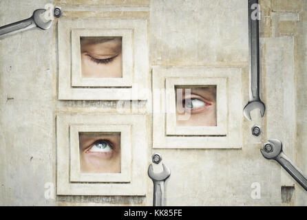 Funny and artistic composition of three human eyes Stock Photo