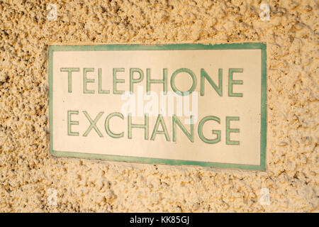 Sign on old Telephone Exchange building, Wolsingham, Co. Durham, England, UK Stock Photo