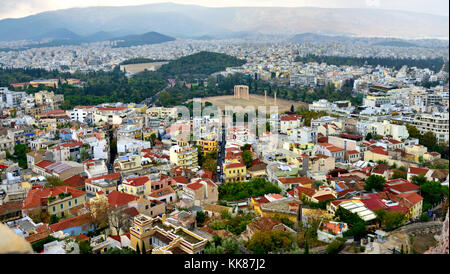 Overlooking Athens with view of Temple of Olympian Zeus, Hadrian's Arch and city from the Acropolis Stock Photo