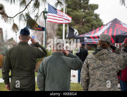 The Idaho National Guard held a Veterans Day Ceremony Nov. 8, 2017 at Gowen Field Memorial Park, Boise, Idaho. Idaho Air Guard Joint Force Headquarters Director of Staff, Col. Britt Vanshur spoke at the event which included the playing of taps, followed by a canon salute and an A-10 flyover from the 190th Fighter Squadron. (U.S. Air National Guard photo by Tech. Sgt. John Winn) Stock Photo
