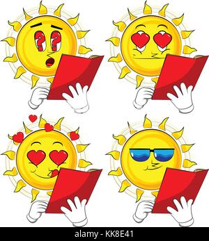 Cartoon sun reading a red book. Collection with various facial expressions. Vector set. Stock Vector