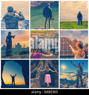 Collage with travelers with instagram like filters Stock Photo