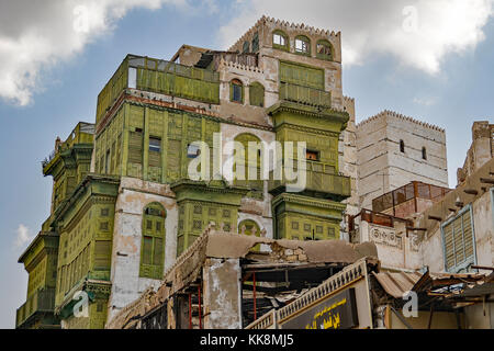 Building in the Historic Al Balad part of Jeddah city, Makkah province, Saudi Arabia. Dates back to when Jeddah was a small port city on the Red Sea. Stock Photo