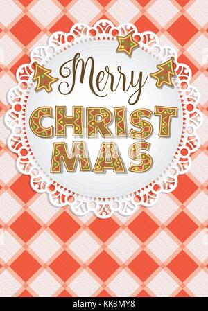 Merry Christmas lettering formed by gingerbread cookies on a white plate garnished with tree-shaped cookies on a red  checkered tablecloth background Stock Vector