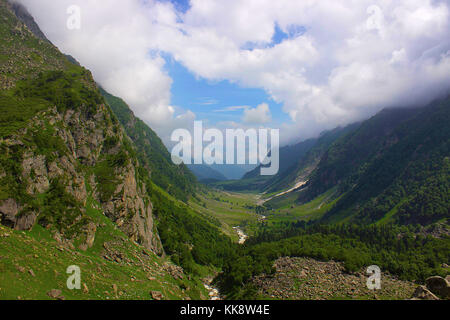 Green beautiful valley along Kara with the river. 3560 meters. Himachal Pradesh, Northern India Stock Photo