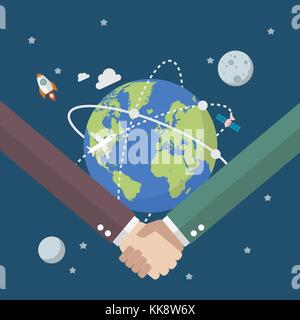 Business people shaking hands on globe. Vector illustration Stock Vector