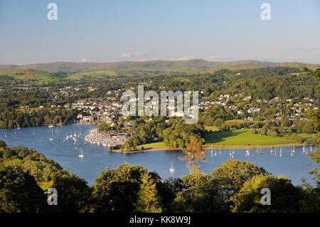 Windermere. Lake District National Park, Cumbria, England. N.E. over Bowness on Windermere boat moorings from above Far Sawrey Stock Photo