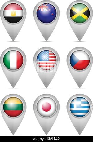 Map marker national flag set on a white background. Stock Vector