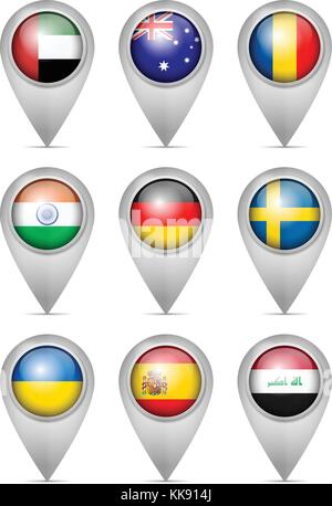 Map marker national flag set on a white background. Stock Vector