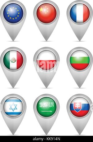 Map marker national flag set on a white background. Stock Vector