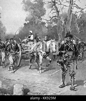 An painting of a group of French soldiers, the soldiers are all carrying rifles and other field gear, a horse is pulling a wagon on top of which a man and a woman are seated, the are traveling along a road that is surrounded by trees, France, 1760. From the New York Public Library. Stock Photo