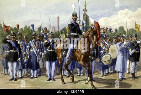 A painting showing different ranks of Italian soldiers, their jackets are either black or differing shades of blue and vary in length, all of the soldiers wear sashes around their jackets and some of them contain designs, their helmets also provide a point of distinction as some have colored plumes rising from the tops, a soldier in the center is mounted on top of a horse, he holds his sword in the air in front of him in a gesture mirrored by many of the other soldiers, an Italian flag is being flown by a soldier who is obscured from view, Italy, 1760. From the New York Public Library. Stock Photo