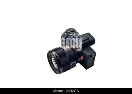 One black camera isolated on white background Stock Photo