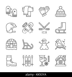 Thin line icons set of winter sport, outdoor activity, season winter children games, winter clothes, time, footwear and accessories. Linear symbols Stock Photo