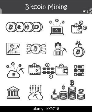 Bitcoin mining icon set 1 . Stock Vector
