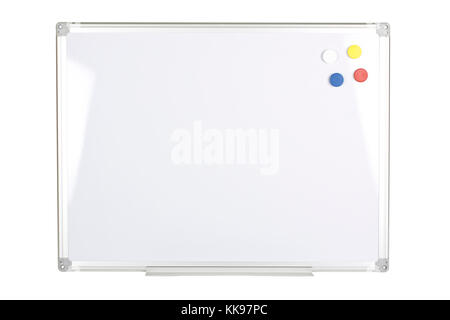Whiteboard with magnetized color buttons isolated on white background. Stock Photo