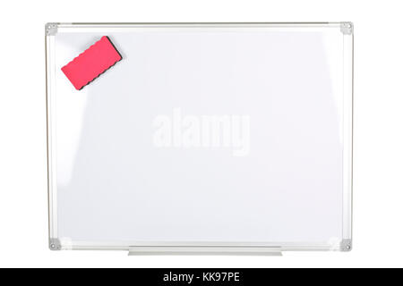 Whiteboard with magnetized red eraser isolated on white background. Stock Photo