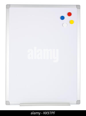 Whiteboard with magnetized color buttons isolated on white background. Stock Photo