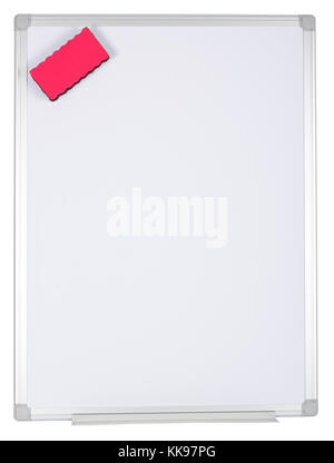 Whiteboard with magnetized red eraser isolated on white background. Stock Photo