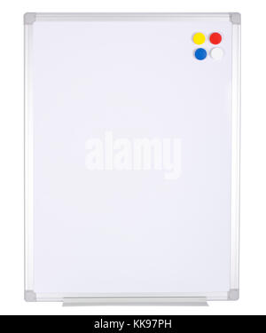 Whiteboard with magnetized color buttons isolated on white background. Stock Photo