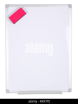 Whiteboard with magnetized red eraser isolated on white background. Stock Photo
