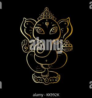 Hindu God Ganesha. Golden Ganapati. Vector hand drawn illustration. Meditation in lotus pose Stock Vector