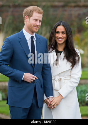 Kensington Palace announce the engagement of Prince Harry Wales to U.S. Actress Meghan Markle in the water garden of Kensington Palace in London. Stock Photo