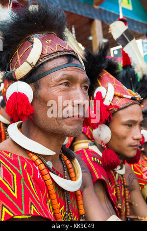 Naga tribal men in traditional clothing, Kisima Nagaland Hornbill festival, Kohima, Nagaland, India, Asia Stock Photo