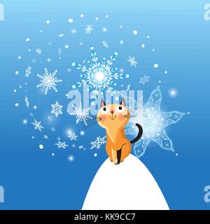 Winter card with cat on blue background Stock Vector