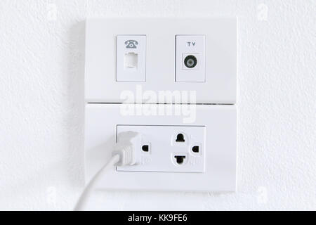 White electric plugs on wall background,White outlet interior, interior electric outlet in home,Socket electricity interior Stock Photo