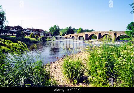 16th C stone bridge over the River Exe at the village of Bickleigh in Devon, England, UK Stock Photo