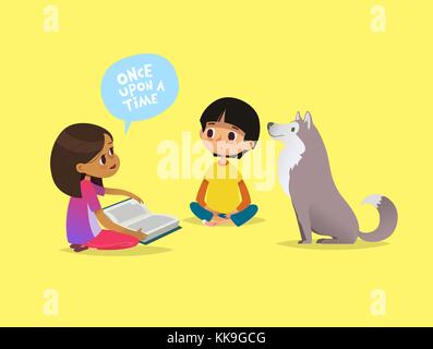 Cute little girl sits on floor and tells fairytale to her friend and pet dog. Kids reading fairy tales book. Concept of educational activity for children. Cartoon vector illustration for poster. Stock Vector
