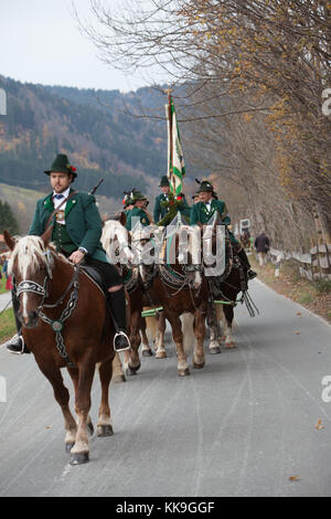 Schliersee, Bavaria - November 5, 2017: Every year on the 1st Sunday in November, the Idyllic Horse procession, named Leonhardi in Bavarian Schliersee Stock Photo